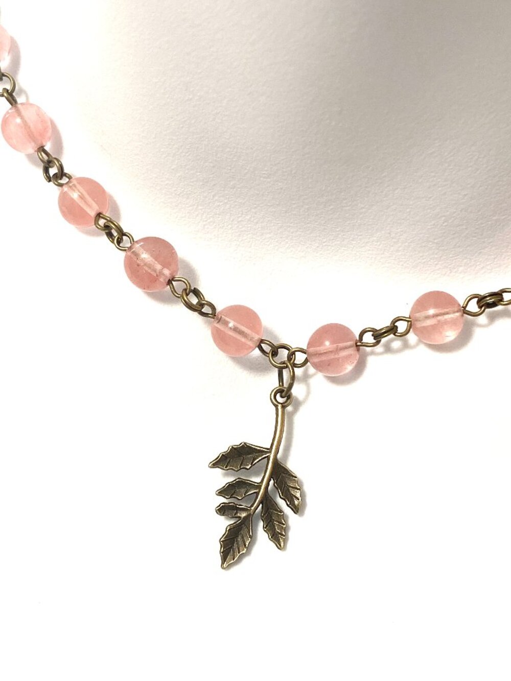 Cherry Quartz Short Adjustable Necklace w/ Bronze Leaf Branch Pendant